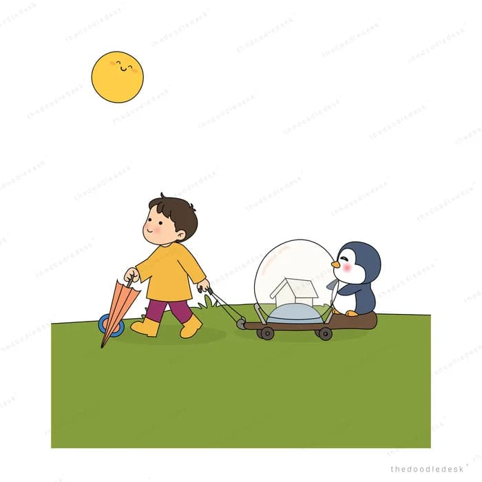 Boy in a raincoat walking on a green field with a penguin and a glass pram