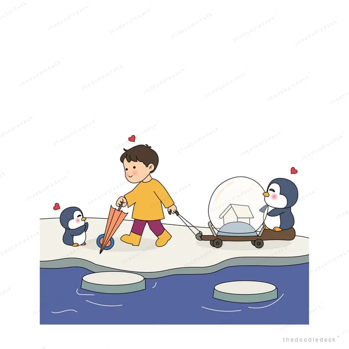Boy carrying an umbrella across ice with two penguins pushing a glass pram
