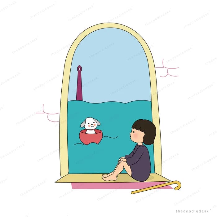 Girl on a beach mat under a yellow canopy with a white dog and a bowl of fruit