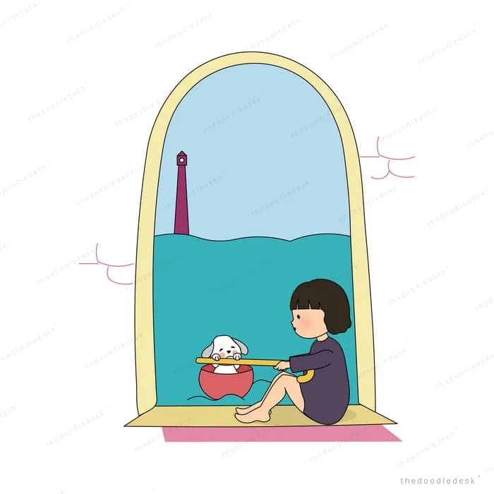 Girl resting on a mat in a yellow tent with her dog and a bowl of fruit