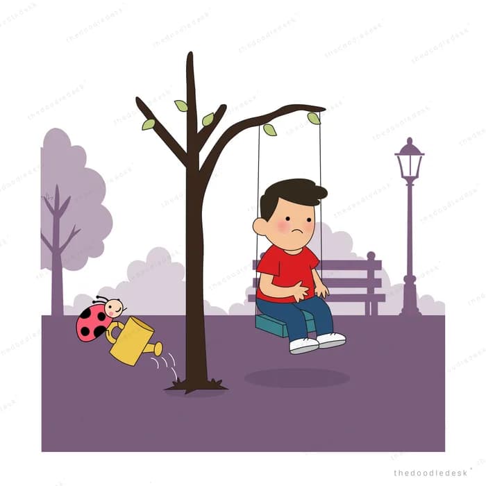 Boy swinging in a purple park as a ladybug waters a plant from above