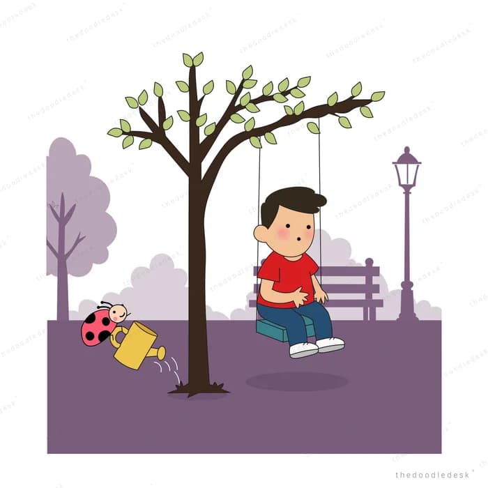Boy on a swing hanging from a leafy dark tree with a ladybug and watering can