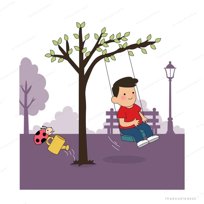 Boy on a park swing beneath a leafy tree with a ladybug holding a watering can
