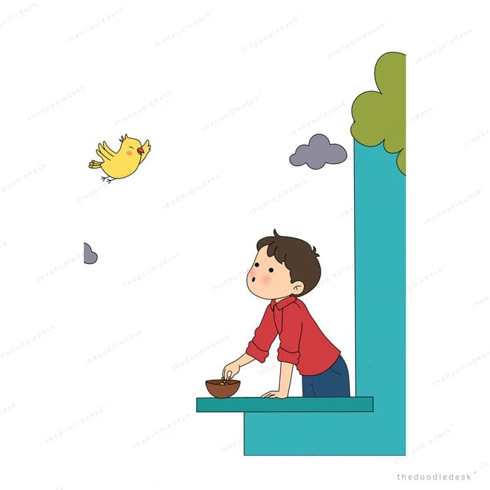 Boy at a teal ledge with a food bowl as a small bird flutters nearby