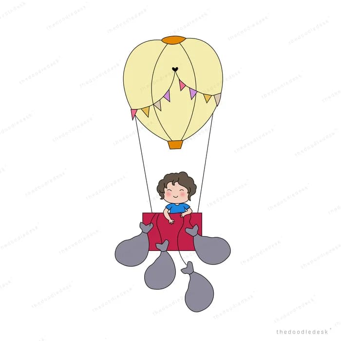 Boy and a dog riding a yellow hot air balloon with sandbags dropping below