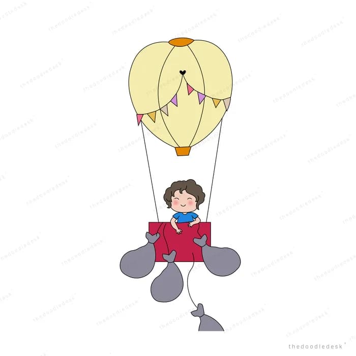 Boy and dog in a red balloon basket rising as ballast bags fall away