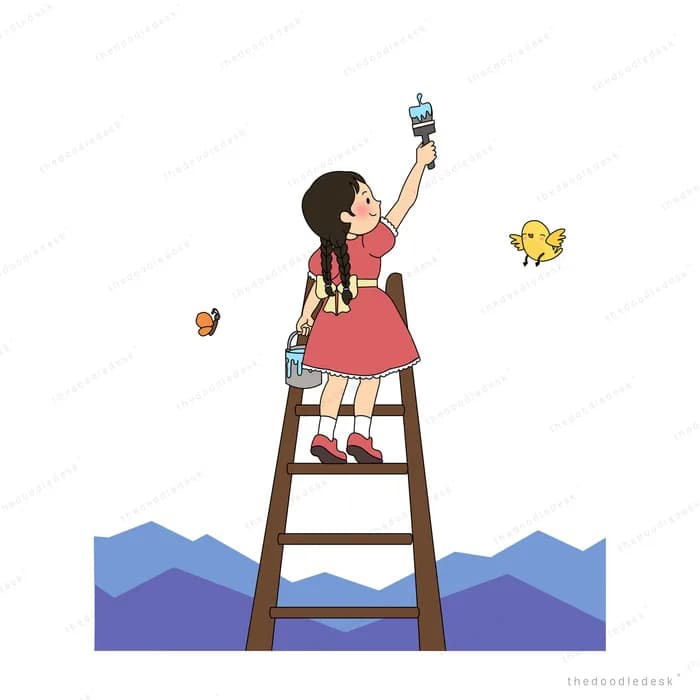 Girl on a tall stepladder reaching up as small birds flutter around her