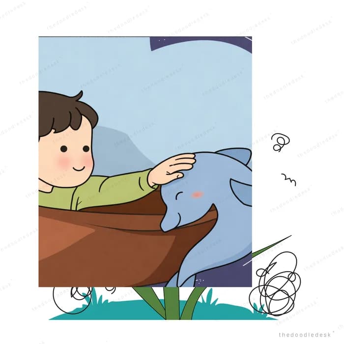 Boy leaning from a wooden boat to touch a blue whale in a framed scene