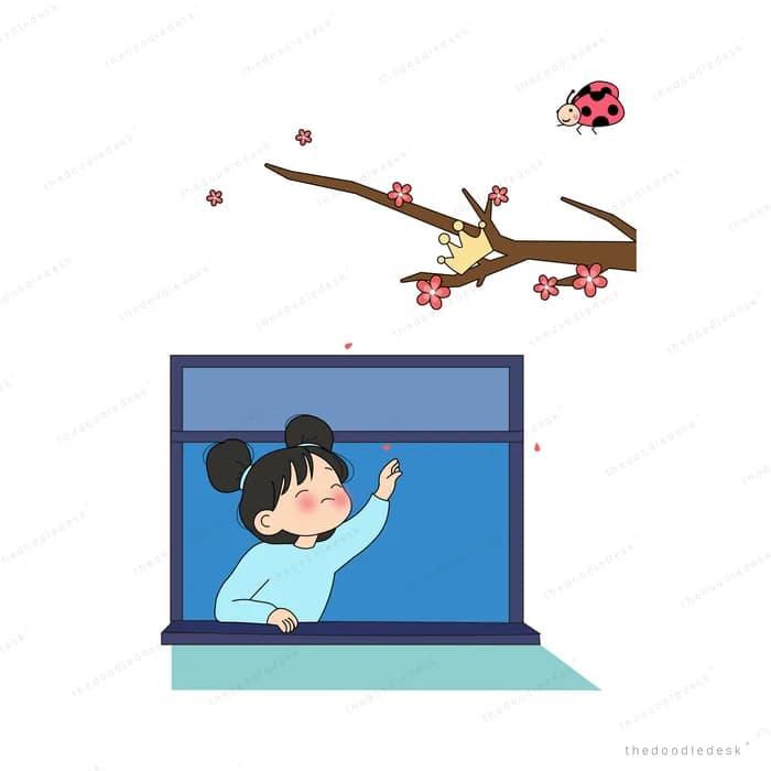 Girl leaning from a laptop screen as a ladybug flies from a blossom branch
