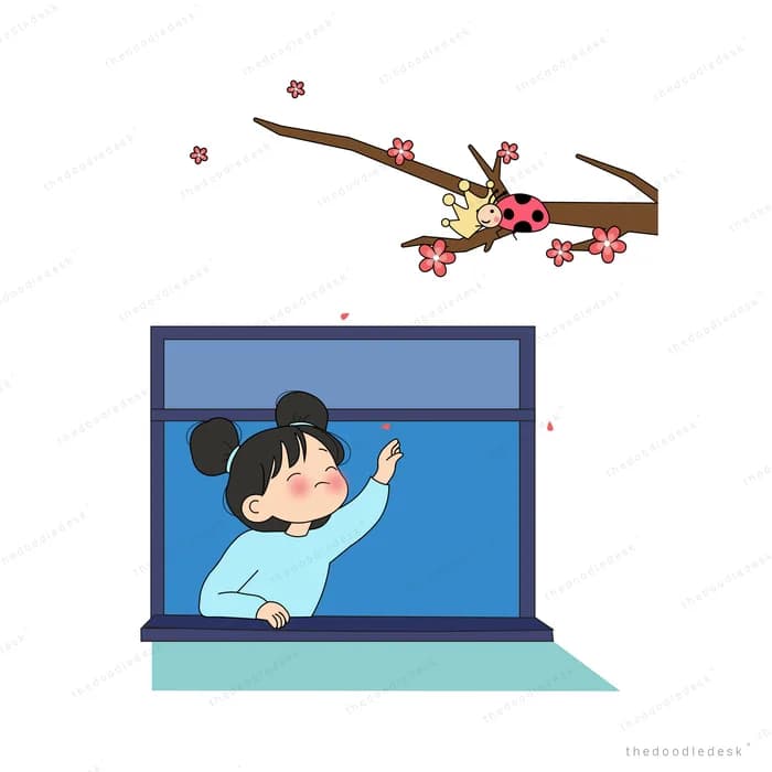 Girl reaching out of a laptop toward a ladybug on a blossom branch