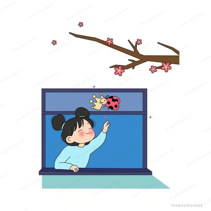 Girl catching a ladybug as she leans out of a laptop screen