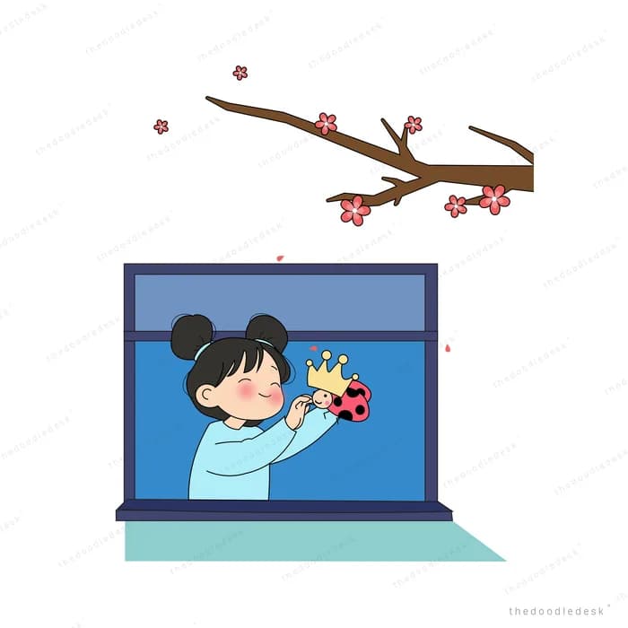 Girl inside a laptop screen holding a crown and a ladybug in her hands