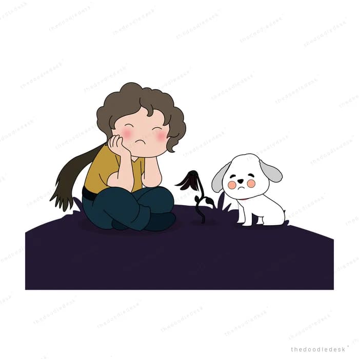 Girl sitting on a dark hill beside a small white dog
