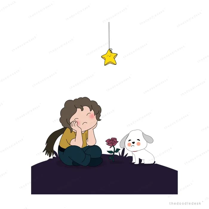 Girl and her white dog on a dark hill under a yellow star dangling on a string