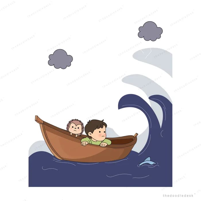 Boy and a white cat in a wooden boat riding a dark wave under storm clouds