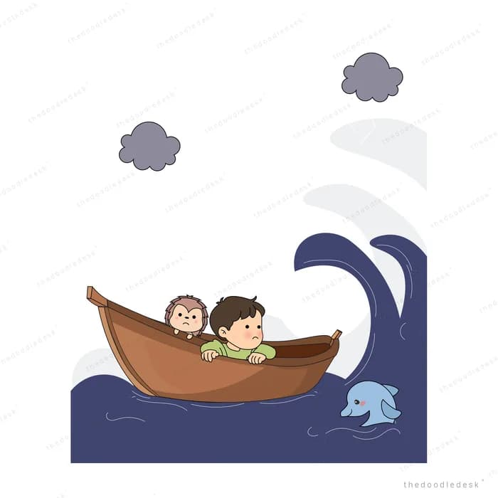 Boy and cat in a boat on rough sea as a dolphin swims alongside