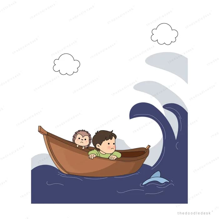 Boy and cat sailing calmer seas with white clouds above and a dolphin below