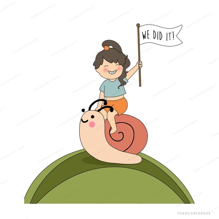 Girl waving a flag while riding a giant snail up a green hill