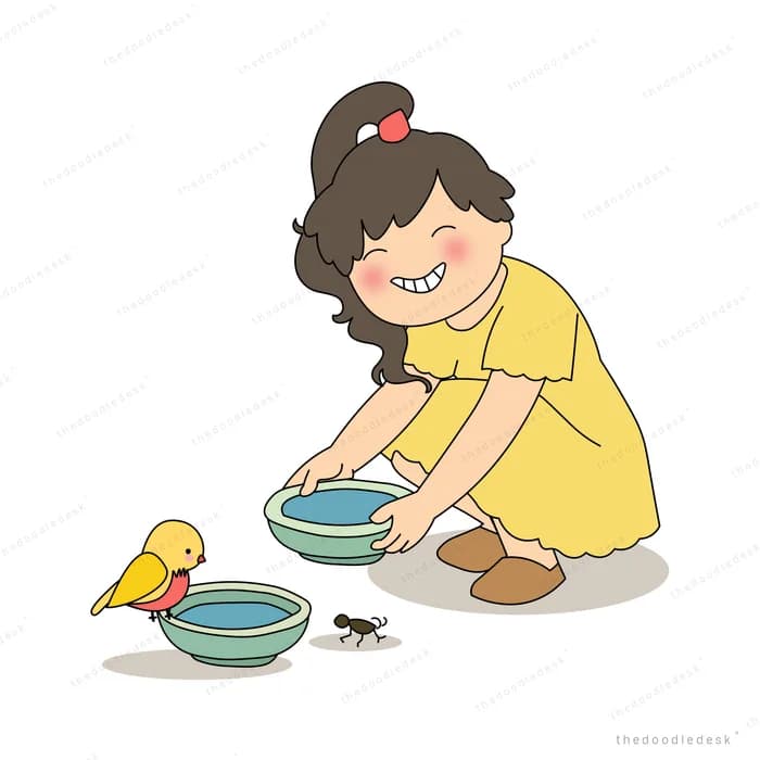 Woman in a yellow dress setting out bowls of water for a yellow bird