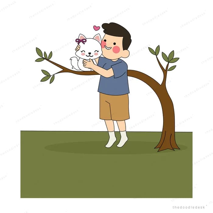 Boy reaching up from a tree stump to lift a white cat off a branch