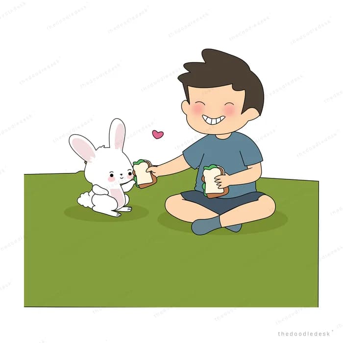 Boy sitting on grass with a potted seedling and a small white rabbit