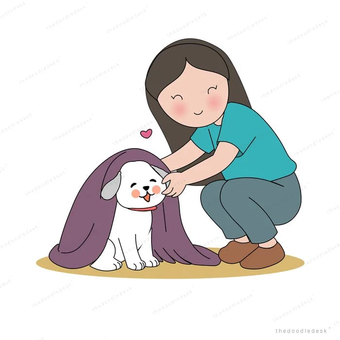 Woman and man crouching together to groom a fluffy white dog