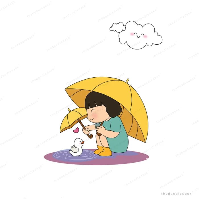 Girl holding a yellow umbrella over a small white duck in the rain