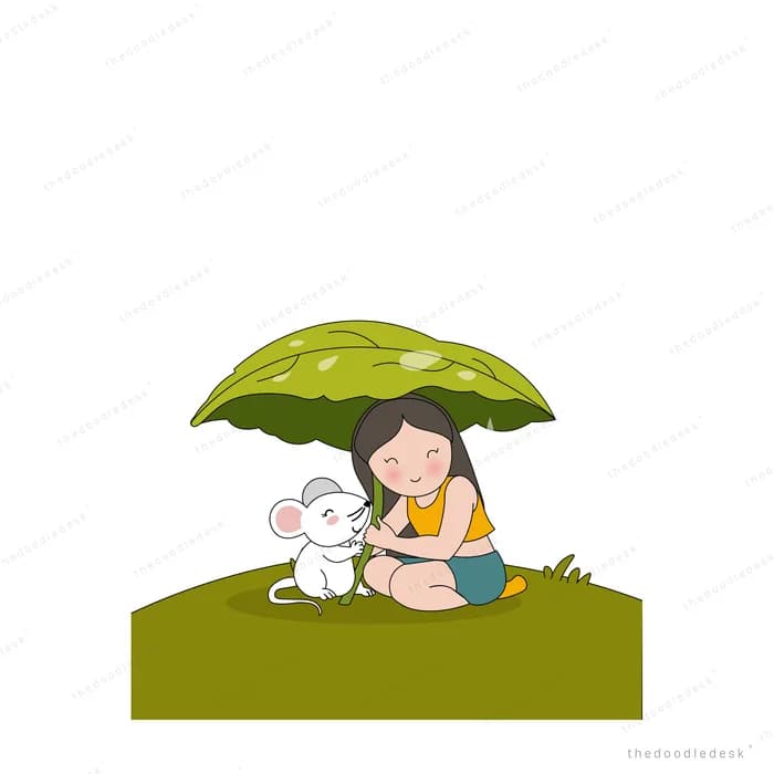 Girl and a white rabbit sheltering under a large leaf umbrella on grass