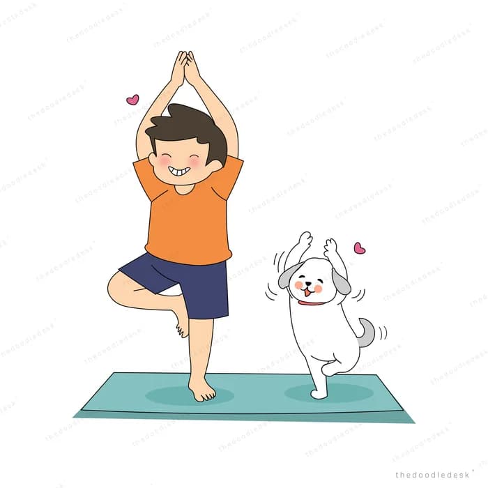 Boy doing a tree pose on a yoga mat while a white dog copies him
