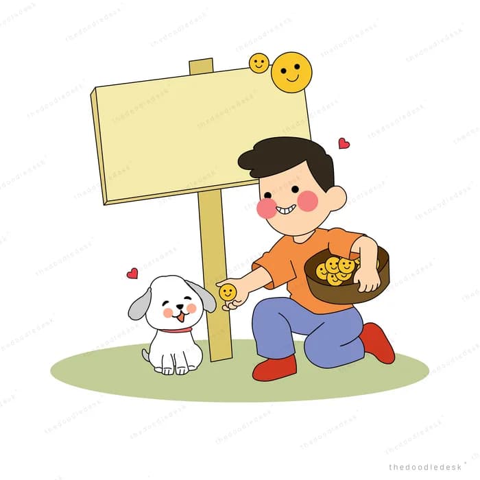 Boy setting up a blank wooden signboard while his white dog watches