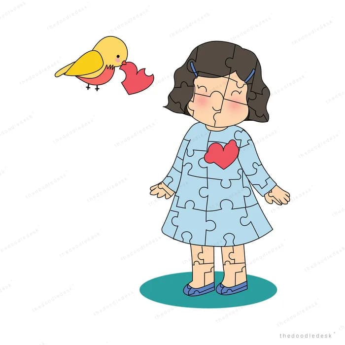 Girl in a jigsaw-patterned dress with a red heart while a yellow bird sings