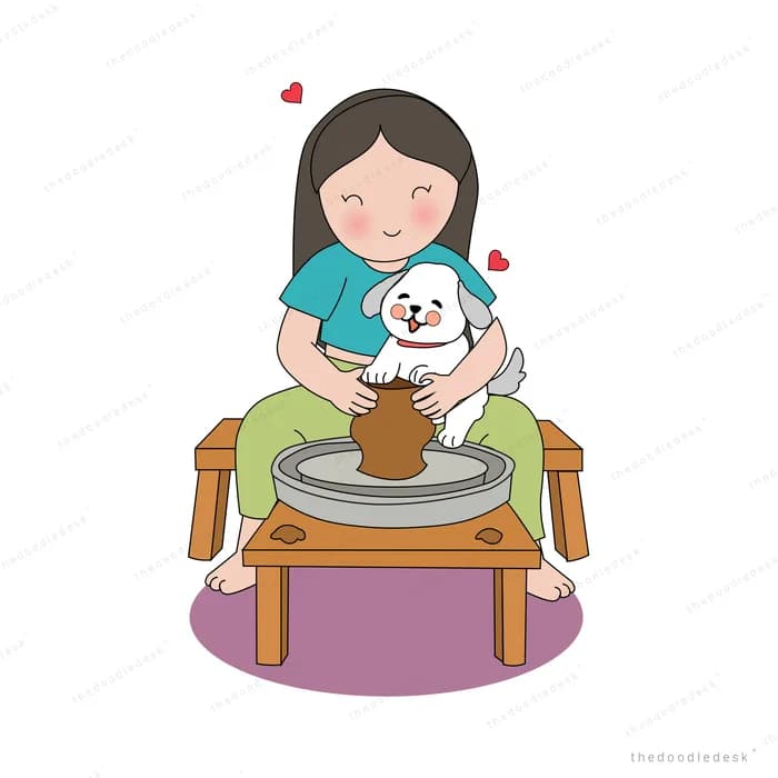Girl throwing a pot at a pottery wheel with a white dog on her lap