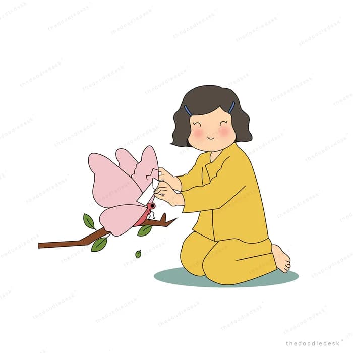 Girl in yellow kneeling to hold a branch of pink blossom for a small bird