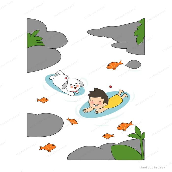 Children and dogs floating in a rocky stream among orange fish