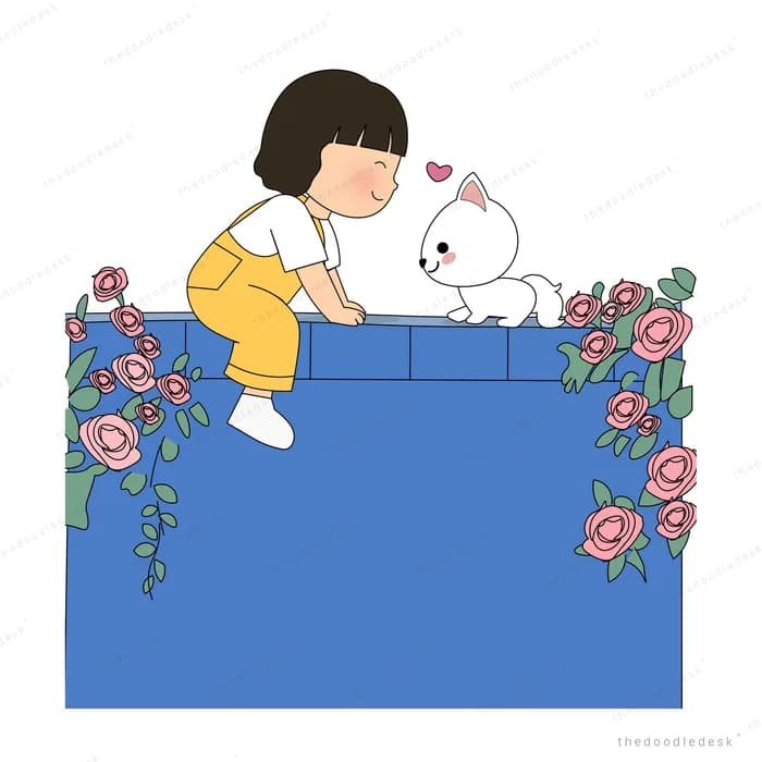 Girl leaning on a blue wall reaching for a white cat among roses