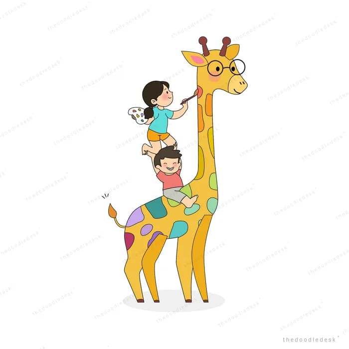 Two children riding on the back and neck of a tall spotted giraffe