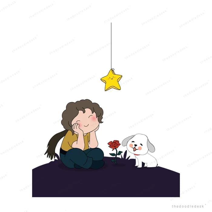 Girl lying on a dark hill with a cat under a hanging yellow star