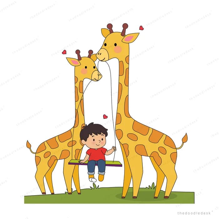 Boy standing between two tall giraffes surrounded by little hearts