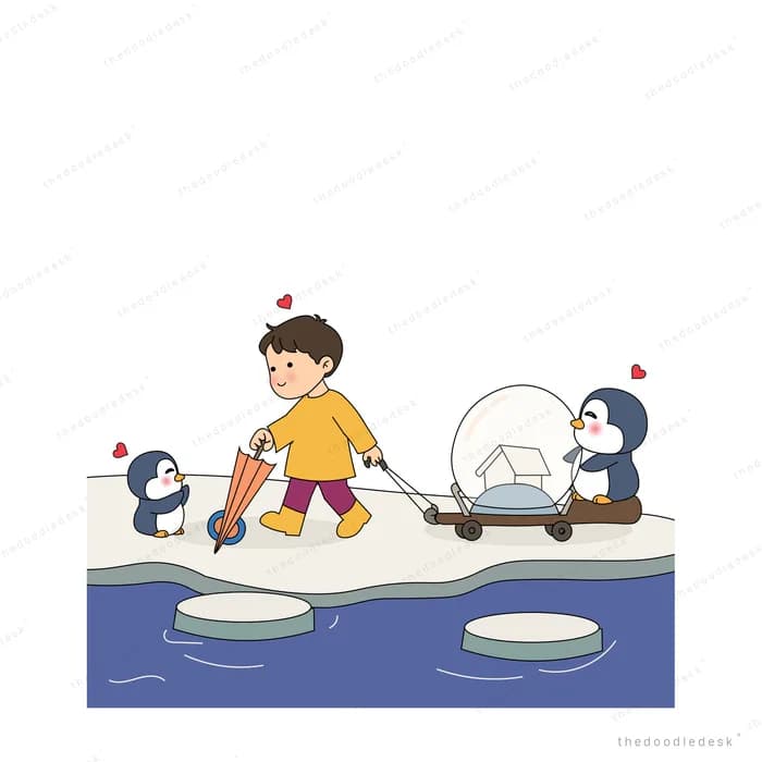 Girl stepping across ice floes in water beside two penguins