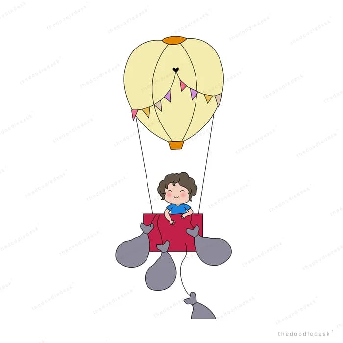 Children and a dog riding a yellow hot air balloon through grey clouds