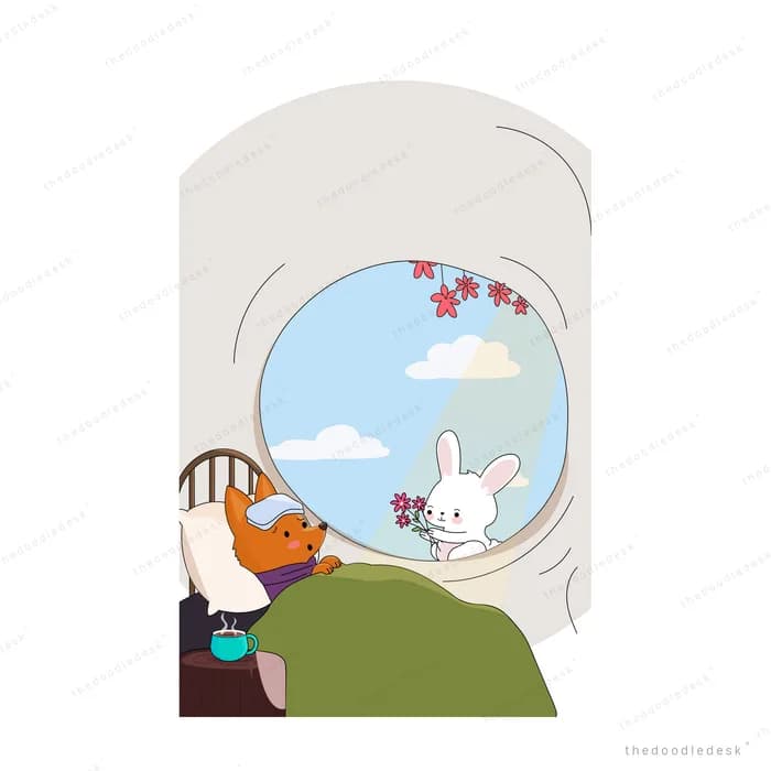 Girl in bed with a white cat beside a round window showing blue sky