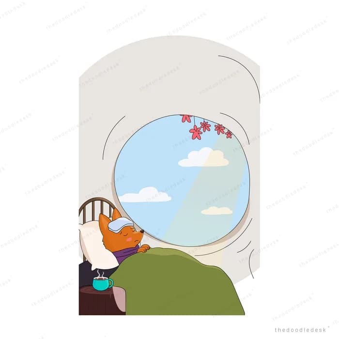 Girl sitting up in bed with a cat as birds pass the round window