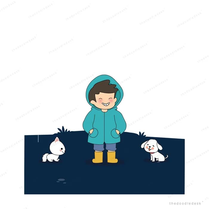 Boy in a hooded raincoat with two white rabbits on a dark ledge