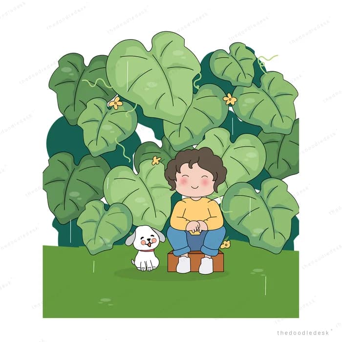 Children and a dog sitting under a canopy of large green leaves