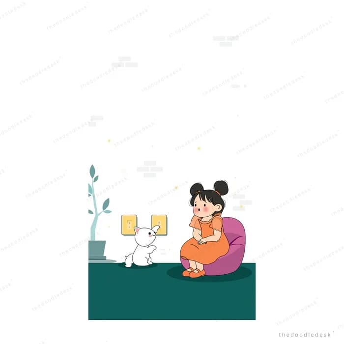 Girl sitting in an armchair while a white cat sits on the floor