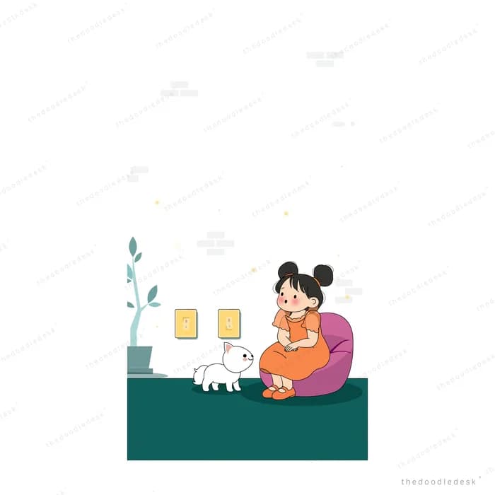 Girl reading in an armchair with a cat beside her and framed art on the wall