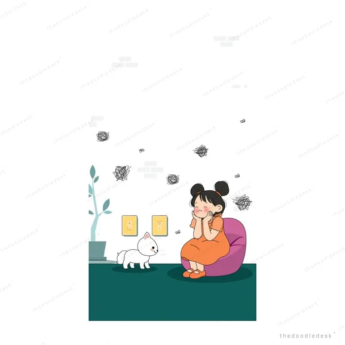 Girl in an armchair as dark birds and a scribble swirl overhead