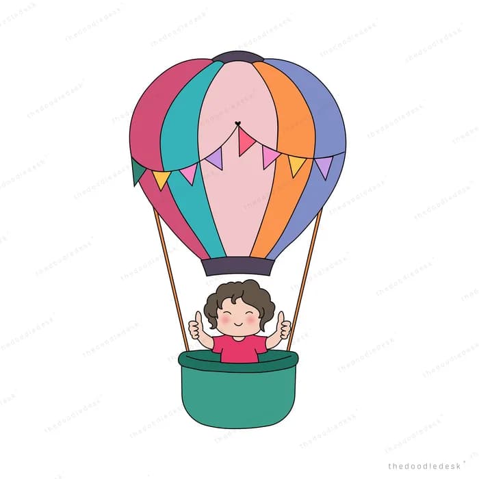 Girl and a cat riding a striped hot air balloon with bunting