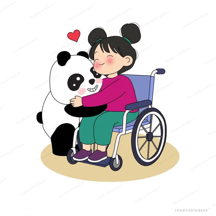 Panda hugging a smiling girl seated in a wheelchair