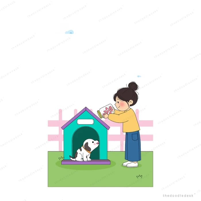 Girl crouching to greet a dog peeking from its kennel